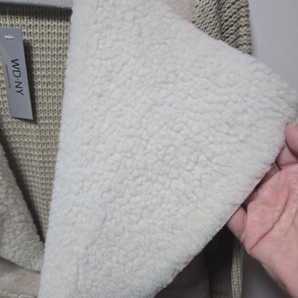 NWT WD.NY Duster Jacket Beige Cardigan Size Large Faux Sherpa Cream Tan Fall - Picture 4 of 10